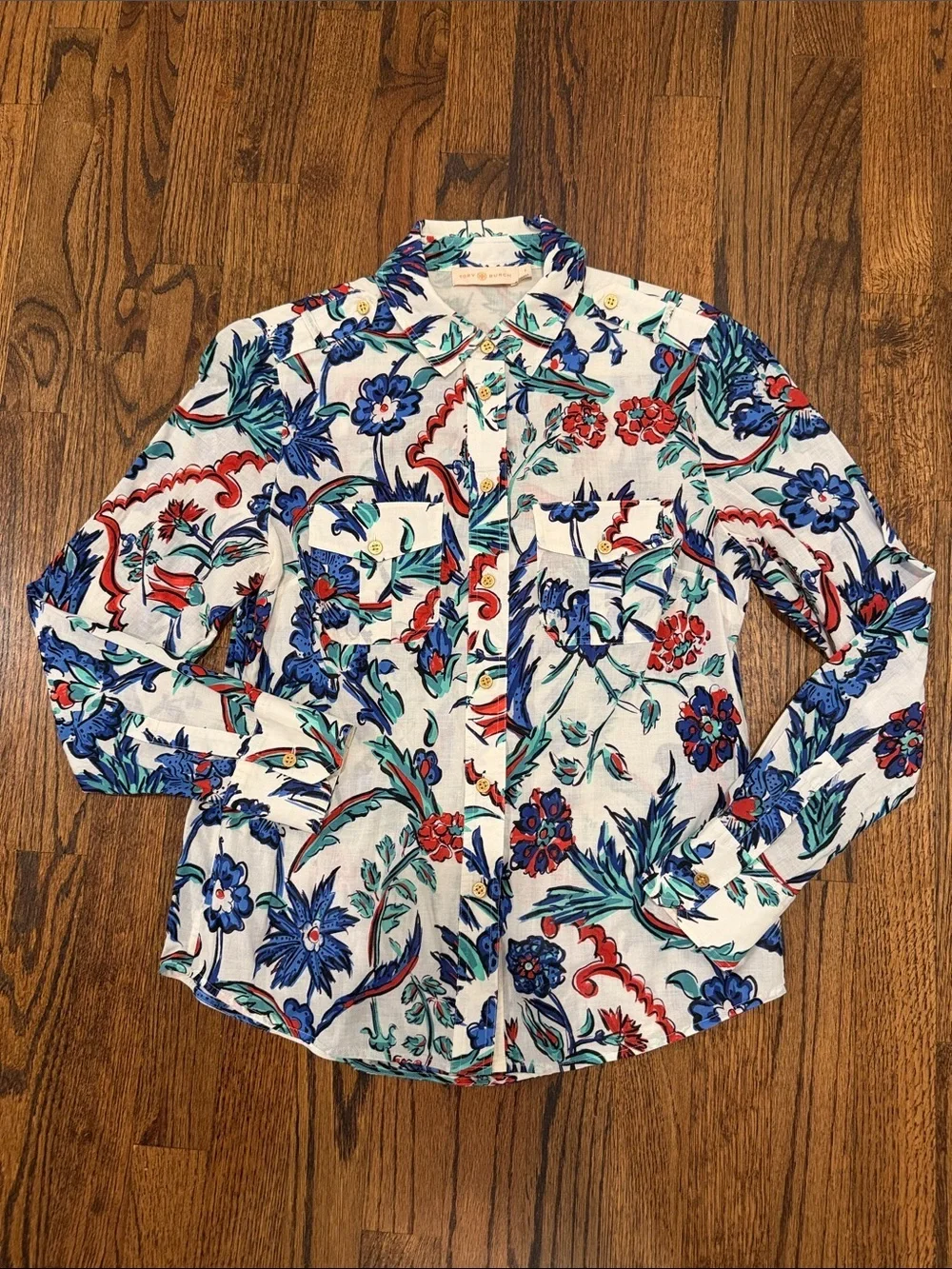 Tory Burch Floral Button-Up Long Sleeve Shirt - White Multi